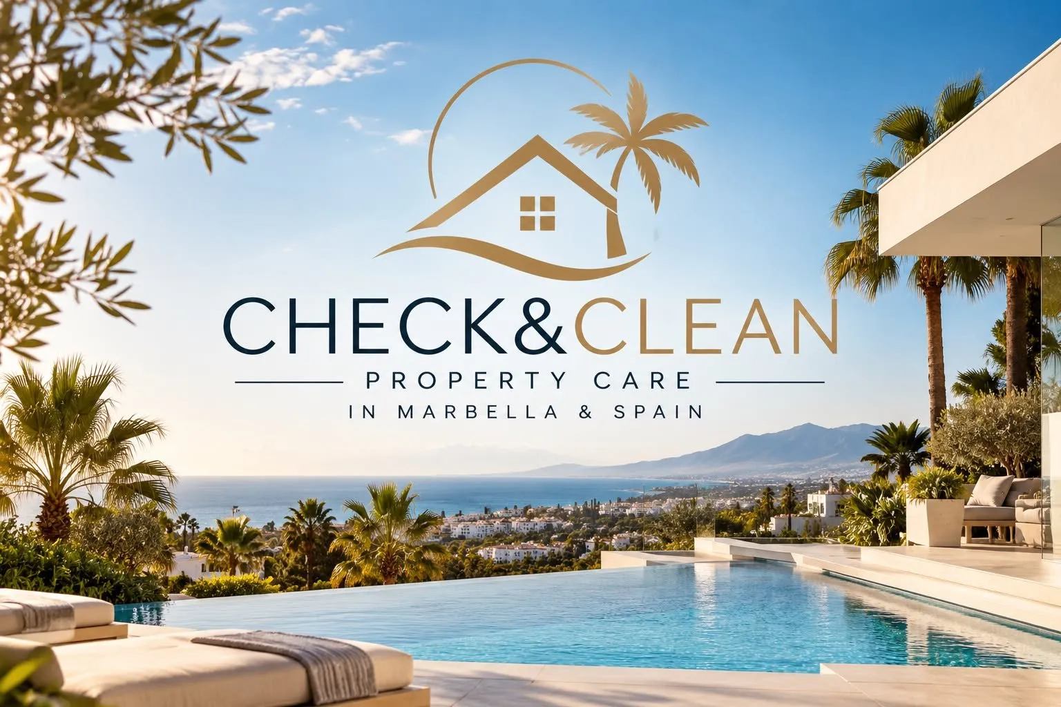 Check&Clean logo above a villa terrace with infinity pool overlooking the Marbella coast