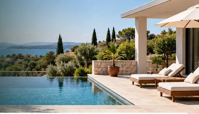 Villa terrace with infinity pool and sun loungers