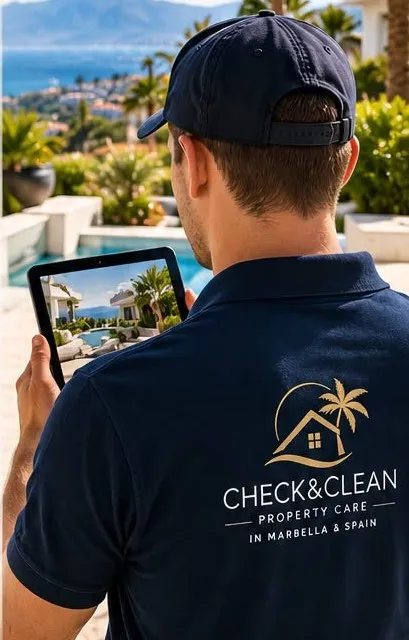 Check&Clean team member reviewing a property on a tablet
